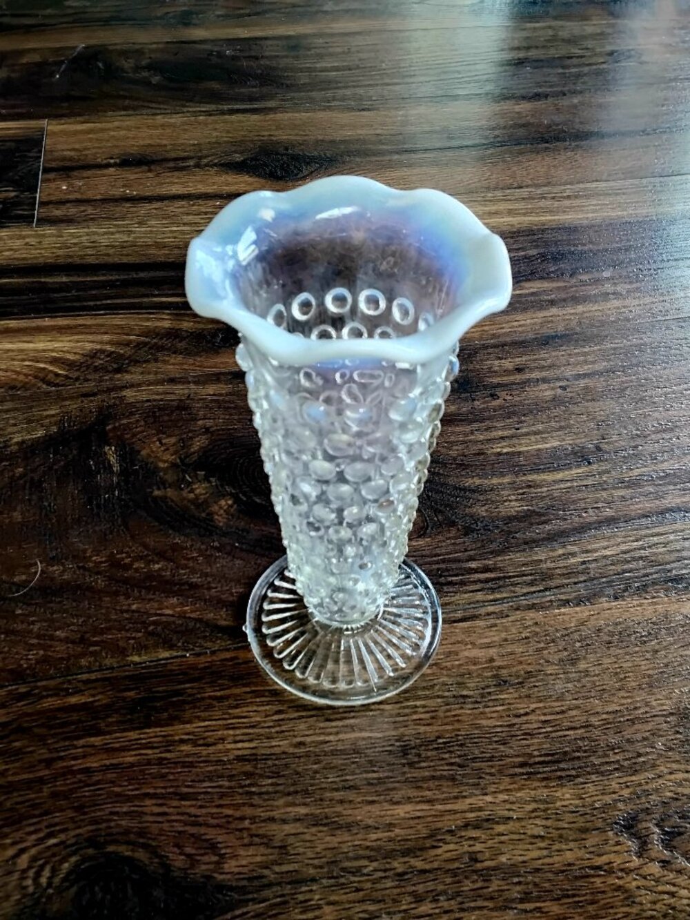 Anchor Hocking Opalescent Hobnail Clear Ruffled Glass Vase